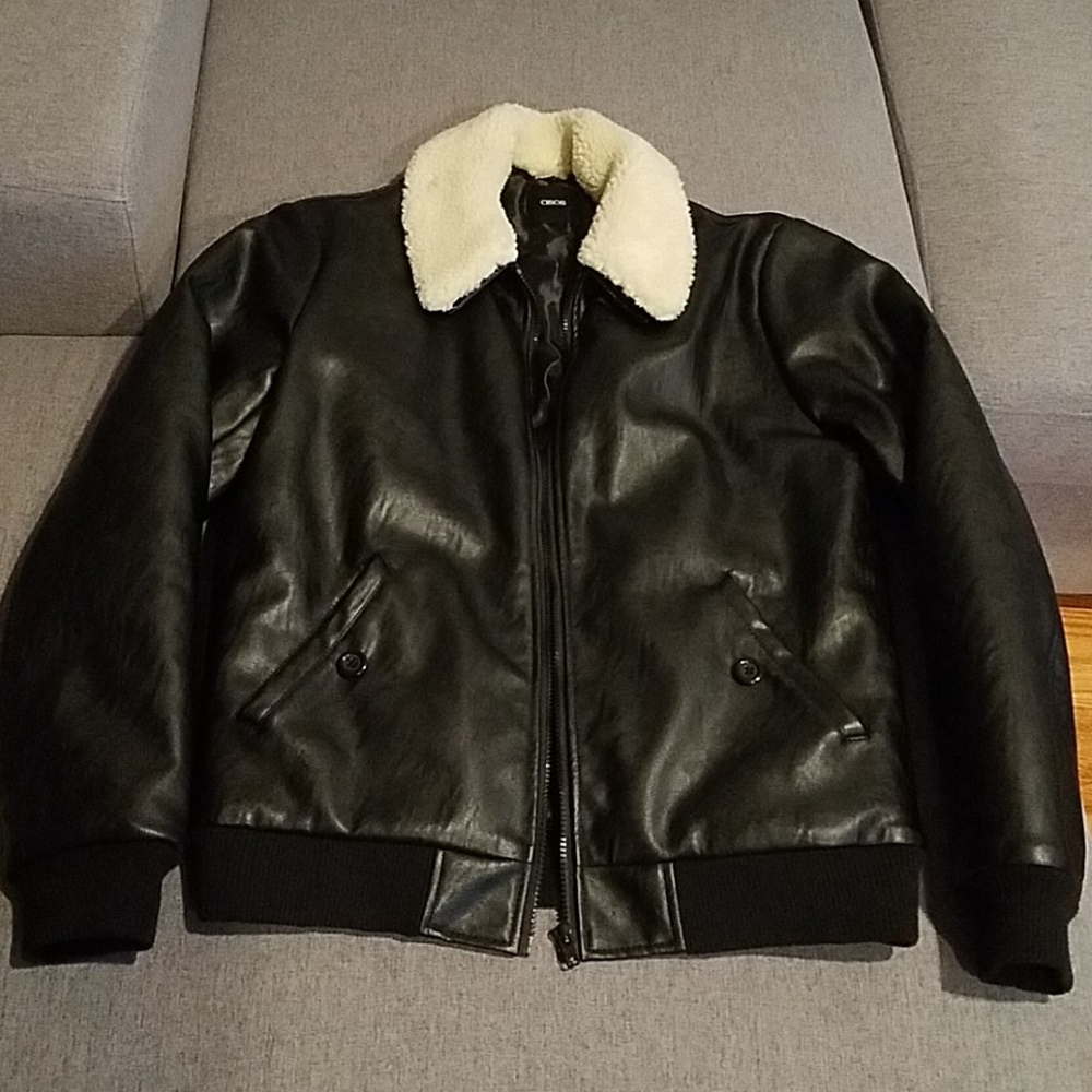 ASOS faux leather bomber shearling collar sz small